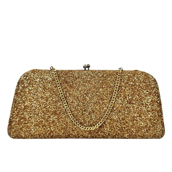 Gold Glitter Clutch Handbag Kiss Lock Evening Wedding Prom Glam Old Hollywood - Picture 2 of 13
